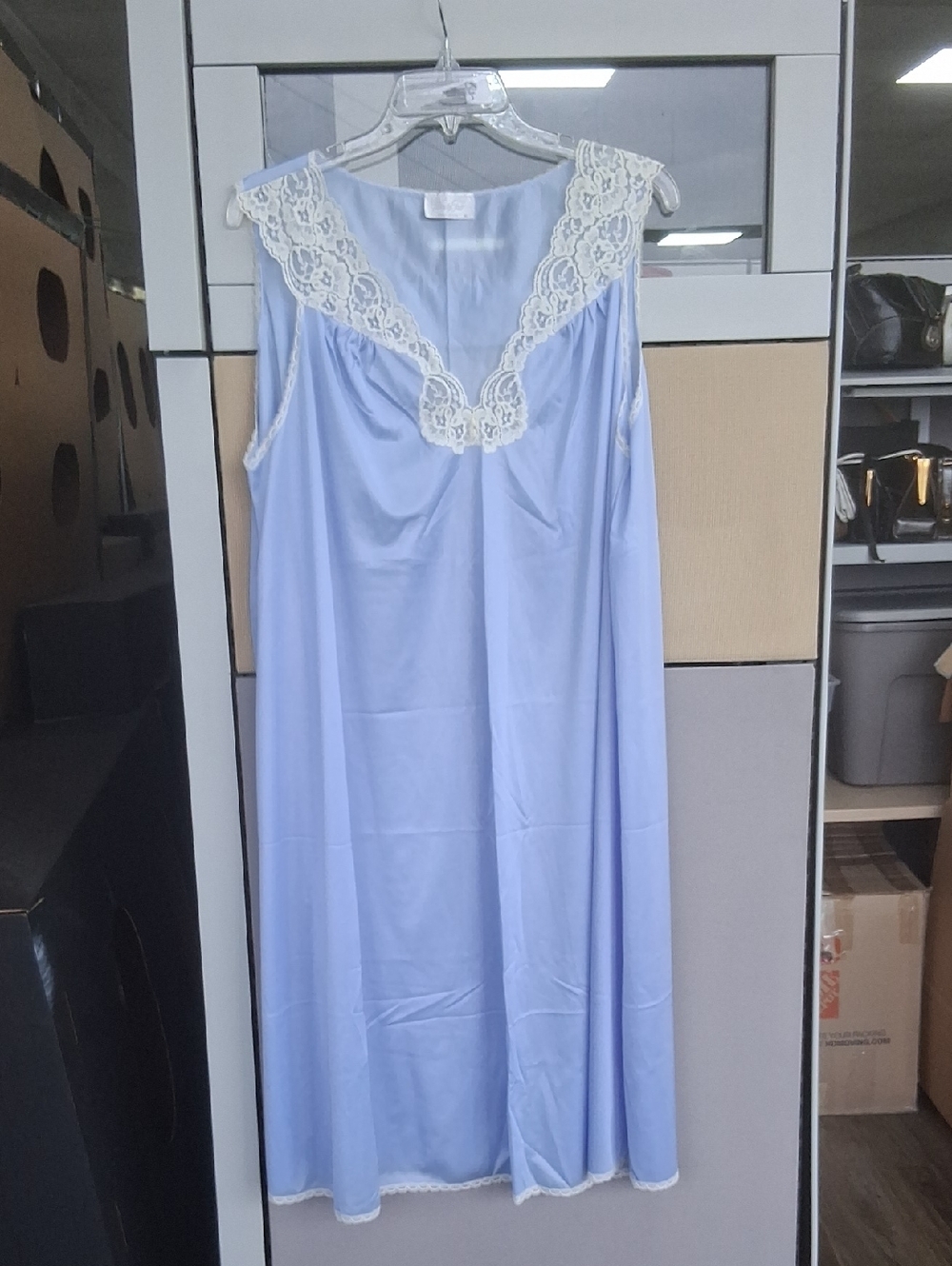 Vintage Vanity Fair Light Blue Nightgown with Cream Lace Trim. MADE IN USA